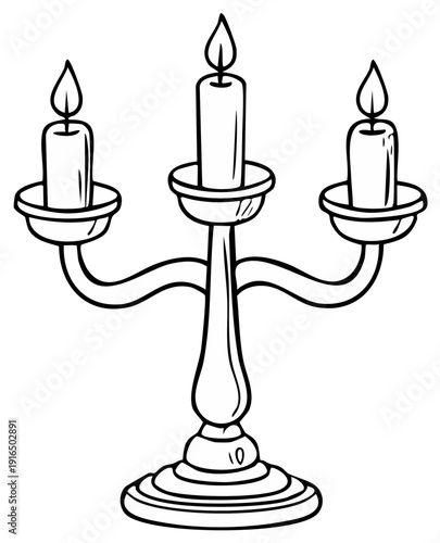 Simple line art illustration of a traditional three candle candelabra with burning flames and decorative design