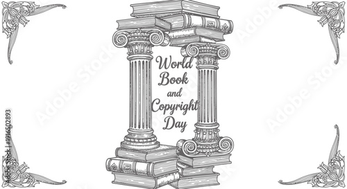 Vector illustration of stacked books with ornate columns and floral borders on white background celebrating World Book and Copyright Day