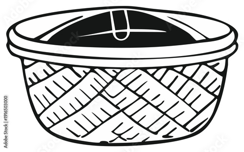 Simple hand drawn illustration of a wicker basket with a lid