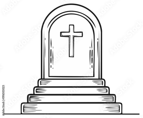 Simple Gravestone Tombstone with Cross Design on Steps Sketch Drawing Illustration in Black and White