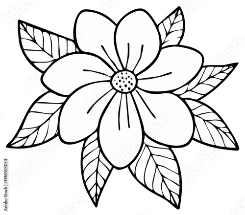 Simple Outline Floral Design with Six Petals and Leafy Accents