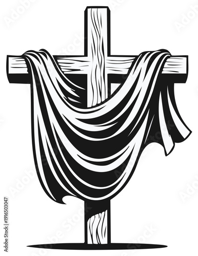 Wooden cross draped with fabric, religious symbol graphic