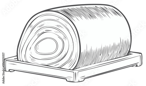 Detailed line art drawing of a traditional Japanese Tamagoyaki rolled omelette on a tray