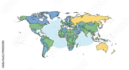 Colorful World Map on White Background.