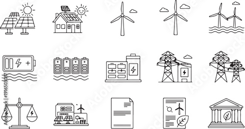 Renewable Energy Icons Collection: Solar Wind Battery Power Lines and more Isolated on white background