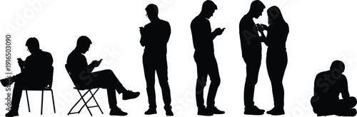 Black silhouettes of people using smartphones in various poses mobile phones