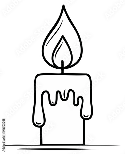 Cartoon outline of burning candle, flame, wick, wax dripping