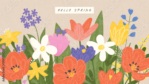 Horizontal floral backdrop in artistic grainy texture style featuring various spring flowers and meadow plants for seasonal website banner, vector illustration