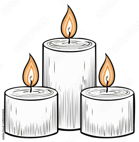 Artistic illustration of three glowing white candles with warm flickering flames for peace and ambiance