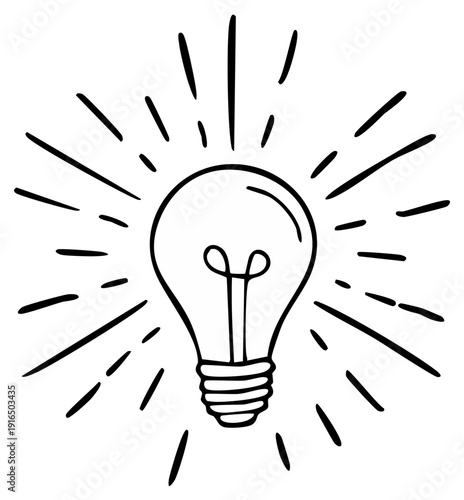 Simple Hand Drawn Light Bulb Symbol Radiating Bright Light and Ideas