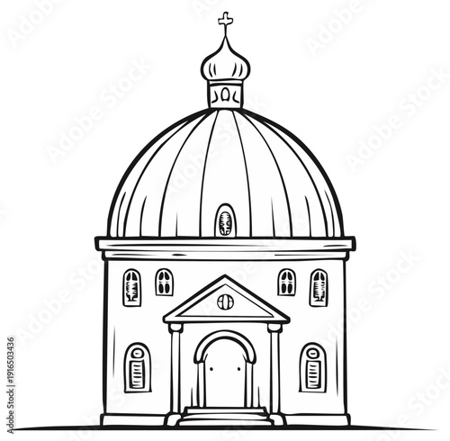 Outlined Orthodox church building with dome and cross architecture