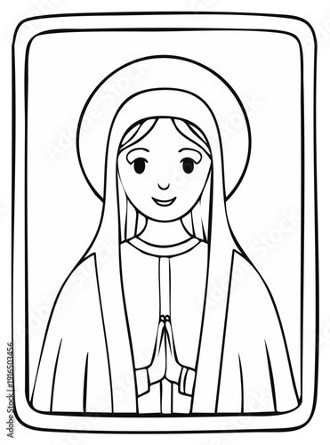 Simple Virgin Mary coloring page illustration of a religious saint with halo and praying hands