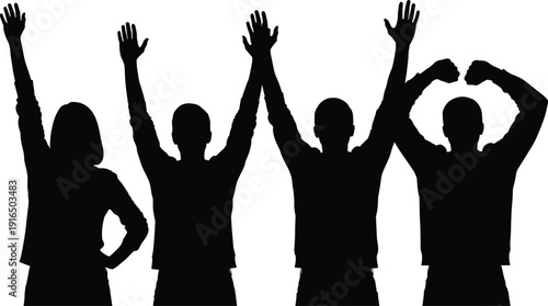 Black silhouettes of four people with raised hands raised celebration group