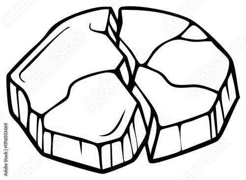 Graphic Black and White Illustration of a Broken Ice Cube, Cracks and Segments Separated