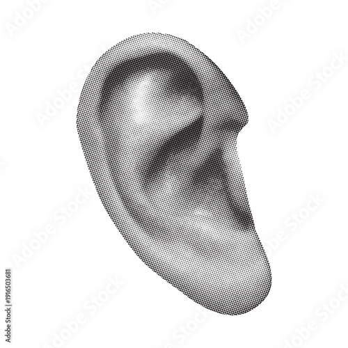 Human ear in halftone texture, dotted pop art style, Close-up Macro of Human Ear Anatomy, Isolated on White Background, Sensory Organ Detail, Hearing and Listening Concept