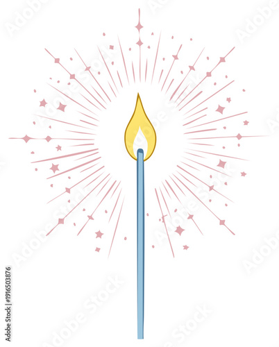 Vector illustration of a lit match with a celebratory magical spark burst