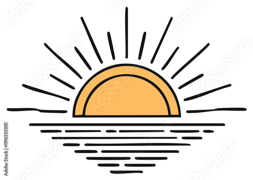 Stylized sun setting over wavy water with radiating light rays