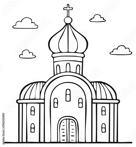 Hand drawn Orthodox church building with a dome and cross for a coloring book page
