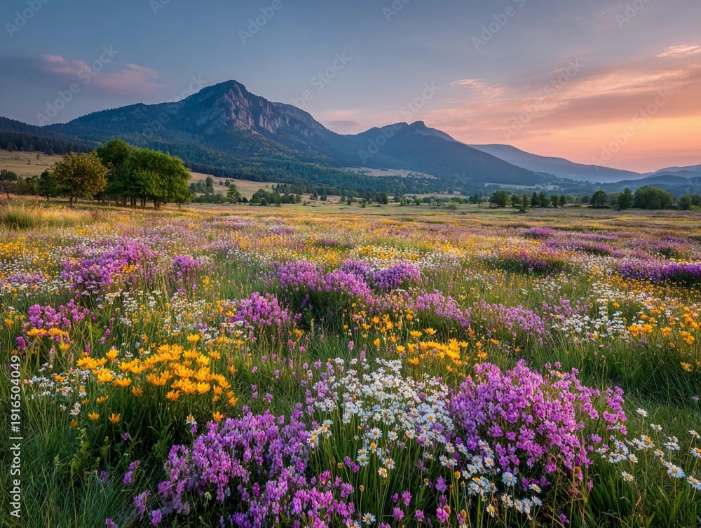 Fototapeta premium Colorful wildflowers bloom in a valley with mountains during sunset in an open landscape