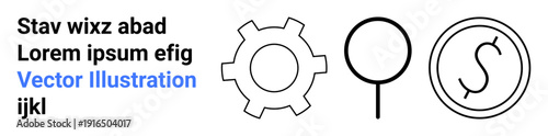 Minimal gear, magnifying glass, and dollar-shaped circle paired with mock placeholder text. Ideal for finance, research, technology, data, branding, e-commerce simple landing page