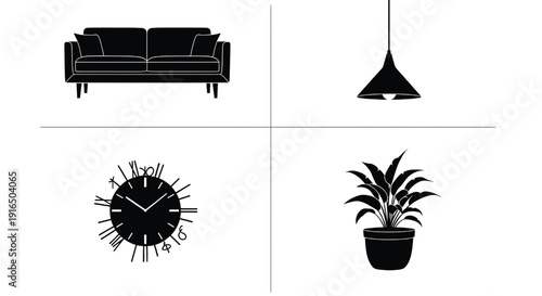 Silhouette illustrations include four different interior design elements.