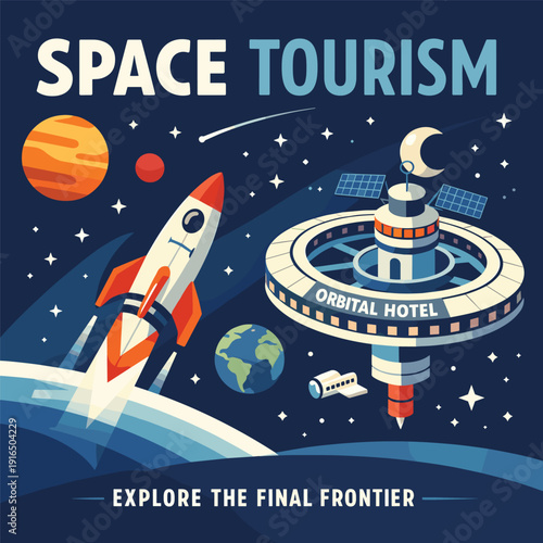 Space tourism concept with orbital hotel and rocket launch