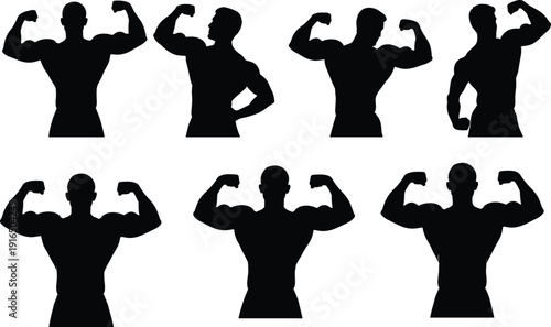 Black silhouettes of muscular men flexing their arms bodybuilding