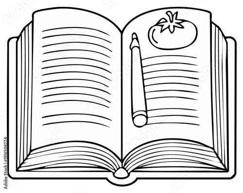 Open Book Line Art with Tomato and Crayon, Educational Coloring Page Illustration