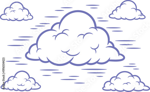 A large smiling cloud surrounded by smaller clouds in windy weather