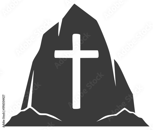 Christian Cross Symbol on Jagged Rock Silhouette for Religious Concepts