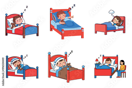 Children sleeping in beds with teddy bears