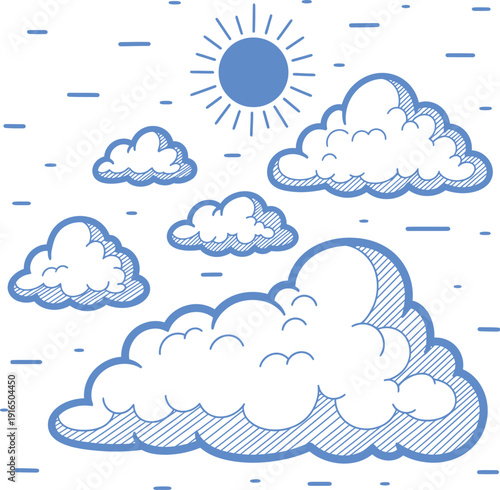 A sunny day with fluffy white clouds and rain