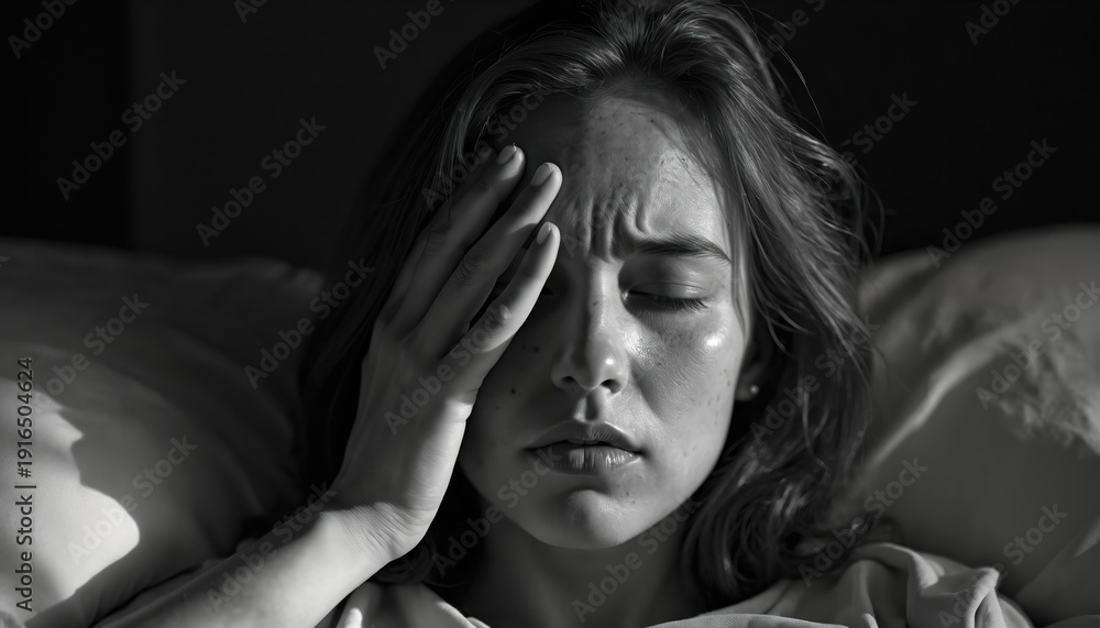 Fototapeta premium Young woman feels migraine pain in bed. Her hand covers face eyes, brow furrowed in agony. Light and shadow creates dramatic effect on suffering.