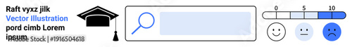 Online learning, user satisfaction, educational tools, performance evaluation, feedback collection, survey systems. Search bar with a magnifying glass, graduation cap and satisfaction scale. Online