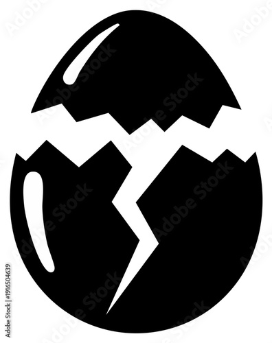 Silhouette of a cracked egg, symbolizing new life and beginnings, in black and white