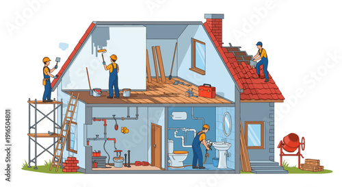 House Renovation Workers Repairing Roof Structure.