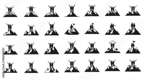 Symbolic vector icons depicting people reaching mountain summits, illustrating triumph, achievement, and leadership