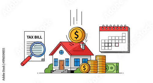 House with Coins and Tax Bill.