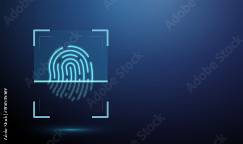 3d fingerprint inside scanning frame, partially scanned. Biometric authentication process, digital security check, access control system, personal data protection concept.