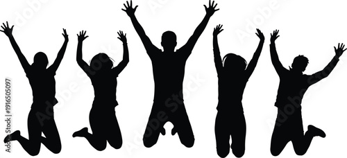 Five people jumping with arms raised in black silhouette on white background silhouettes