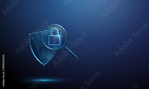 3d shield under magnifying glass with padlock inside the lens. Security audit, cybersecurity analysis, access control verification, risk assessment concept.