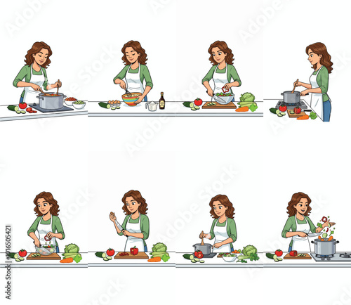Woman cooking soup in kitchen, step-by-step process