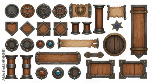 Set of medieval fantasy game interface elements, including ornate wooden frames, rugged metal shields, gemstone buttons, and vintage scroll banners for RPG designs
