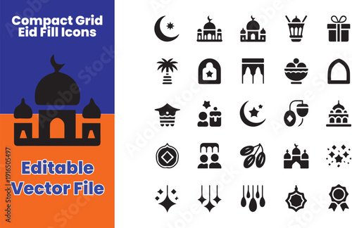 Eid Al-Fitr Grid Fill Icons – Simple Black Islamic Symbol Pack