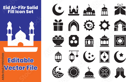 Eid Al-Fitr Solid Fill Icon Set – Simple Islamic Celebration Vector Pack