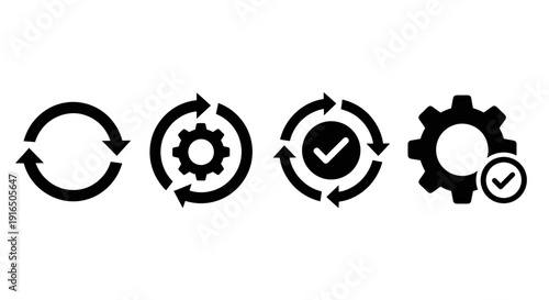 Workflow icons representing process automation, cycle management, and task completion with gears and checkmarks, illustrating efficiency and system operation