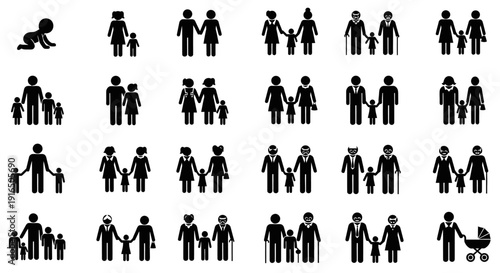 Collection of diverse family unit icons illustrating various familial structures and generations
