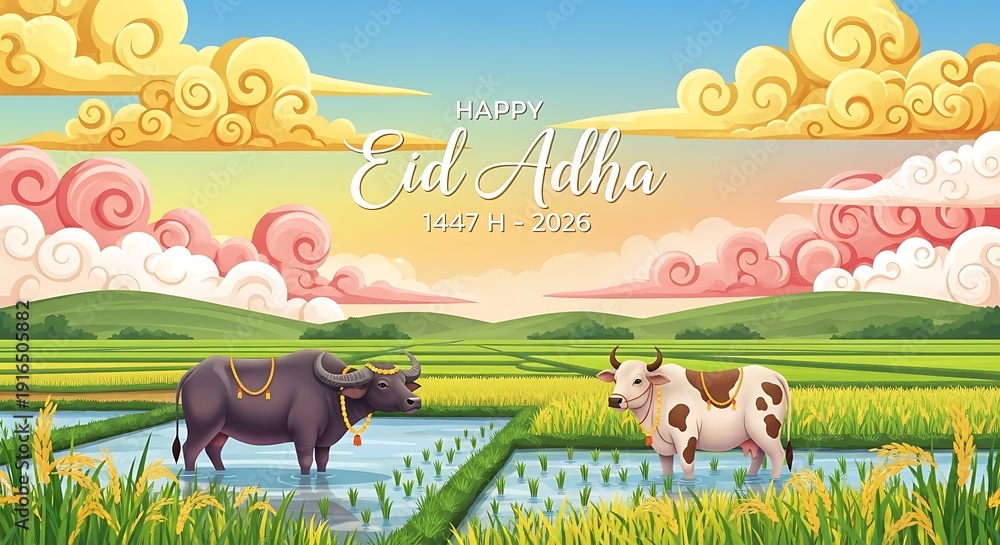 Naklejka premium Eid al Adha celebration with cows and buffalo in a rice paddy field.