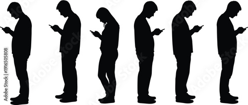 Black silhouettes of people standing and using smartphones mobile phones