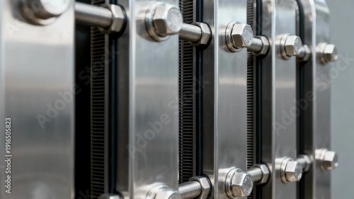 Assembled pasteurizer plate heat exchanger in medium shot showing sleek stainless steel plates tightly aligned with visible bolts and seals.